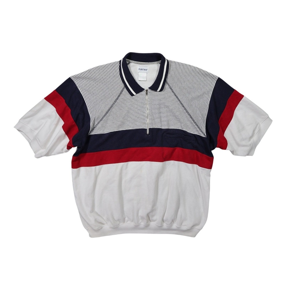 Puritan Pullover Mens 2XL White Excellent Vintage Colorblock Striped 1/4 Zip
